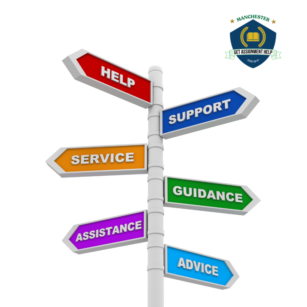 Directional signboard showcasing academic support services including assignment help, guidance, advice, and assistance.