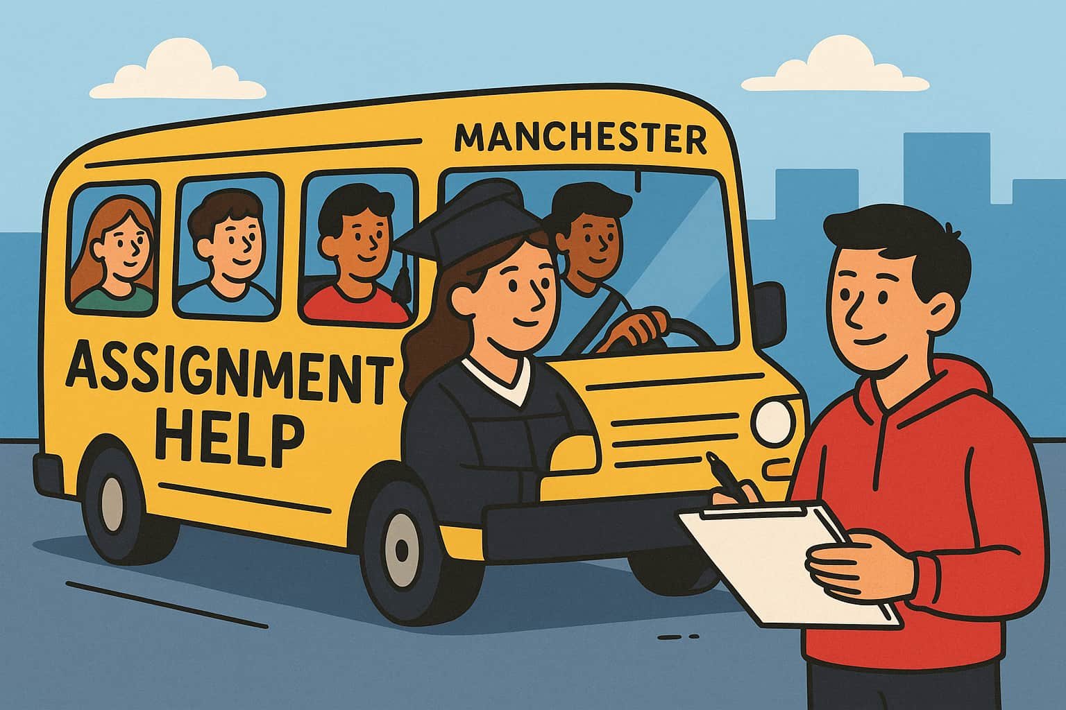 Cartoon-style illustration of an "Assignment Help" bus in Manchester, with a PhD graduate driving and students onboard.