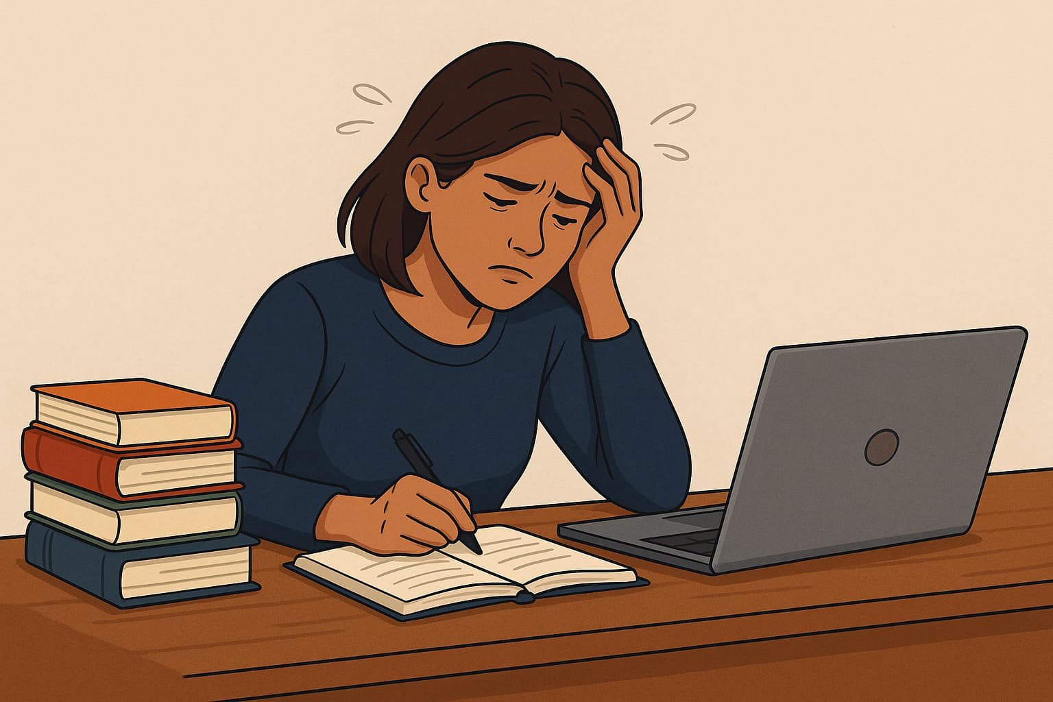 Cartoon illustration of an international student in Manchester looking stressed at a desk with books, notebook and laptop